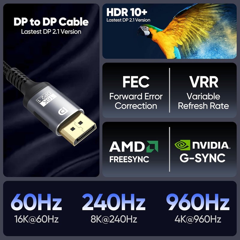 Breilytch Displayport Cable 6.6FT 1-Pack Grey, 16K Display Port 2.1 Cable 80Gbps (16K@60Hz, 8K@240Hz, 4K@240Hz) HDR10, DSC 1.2a DP Cord Compatible with FreeSync G-Sync Gaming Monitor 5090 - Image 5